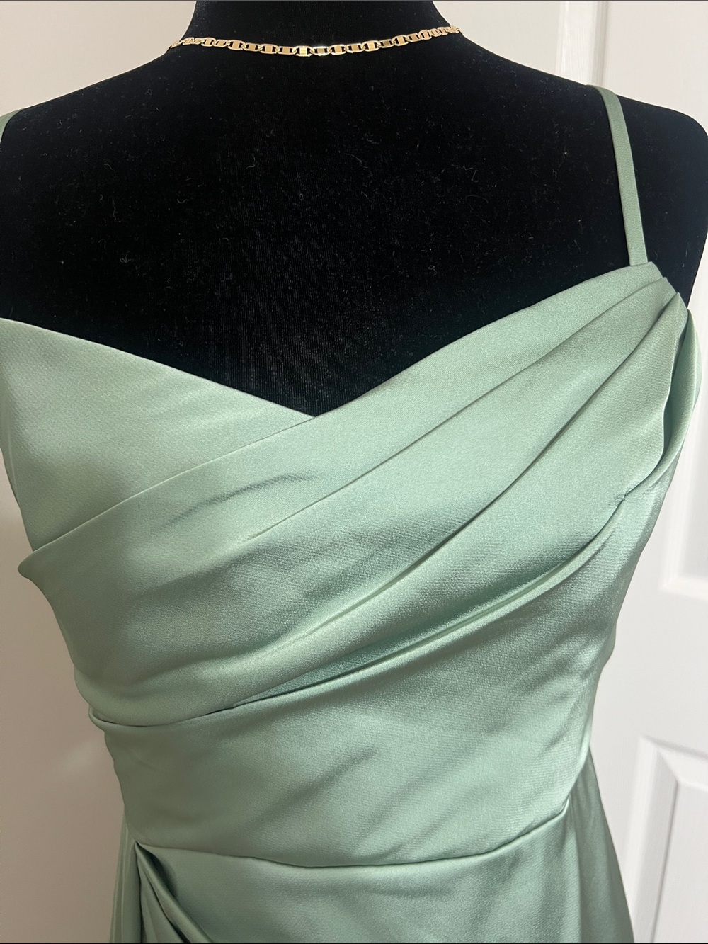 Azazie Sage Green Satin Draped Spaghetti Strap Gown - Picture 4 of 16